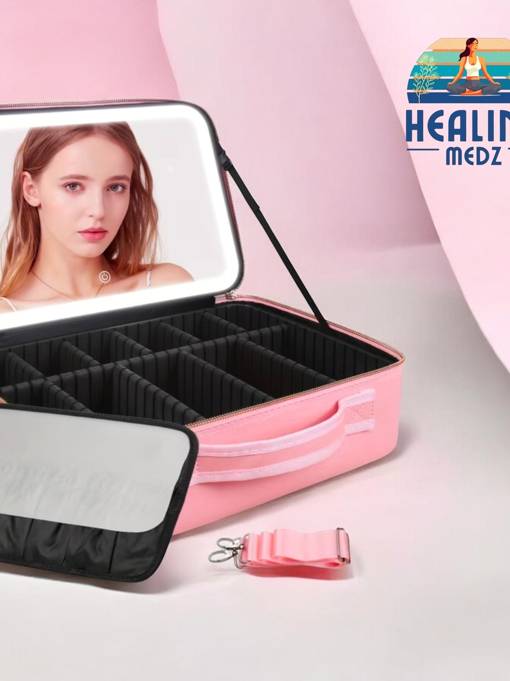 Women's Pink Large Size Travel Makeup Bag with LED Mirror